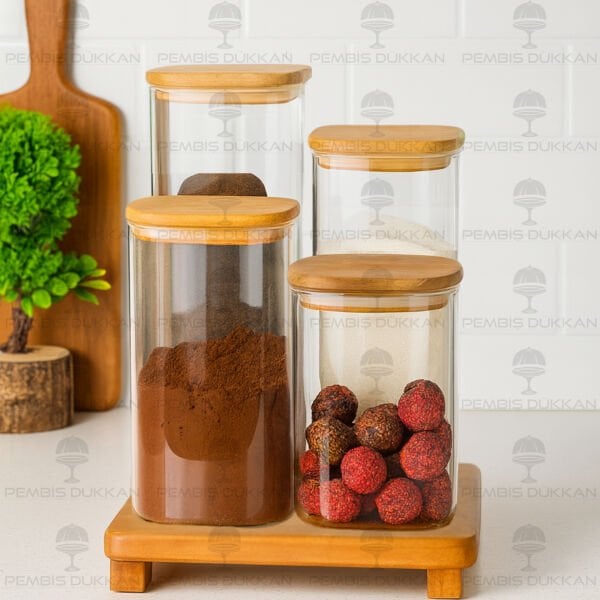 4LÜ KARE AKASYA STANDLI KAPAKLI KAVANOZ SET (BOR-058-057-056-055)