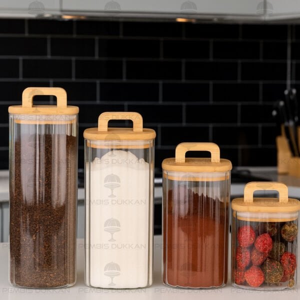 4LÜ KARE BAMBU KAPAKLI ÇİZGİLİ KAVANOZ SET (BOR-096-095-094-093)