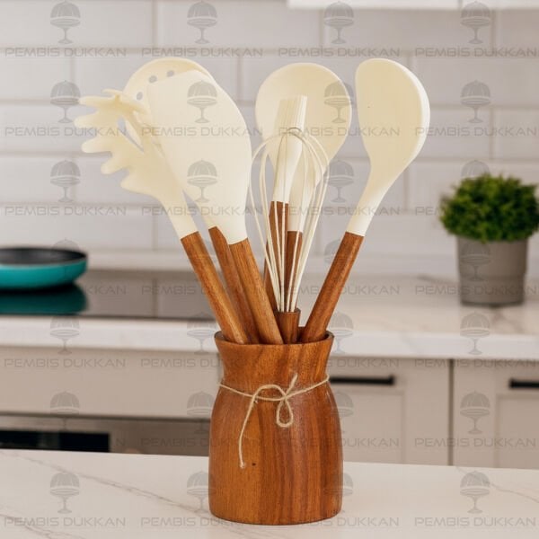 9 PARÇA AKASYA SAPLI KREM SİLİKON & BOHEM KAŞIKLIK SET