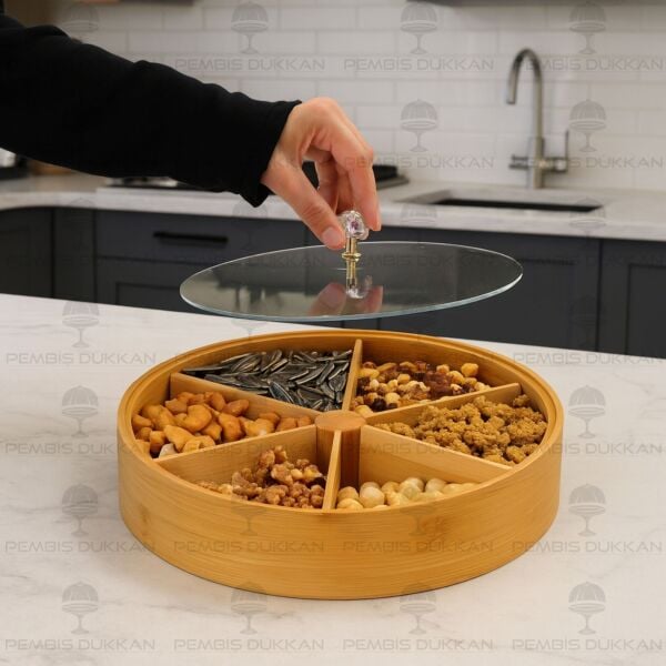 YUVARLAK 6 BÖLMELİ KAPAKLI BAMBU ÇEREZLİK (633)