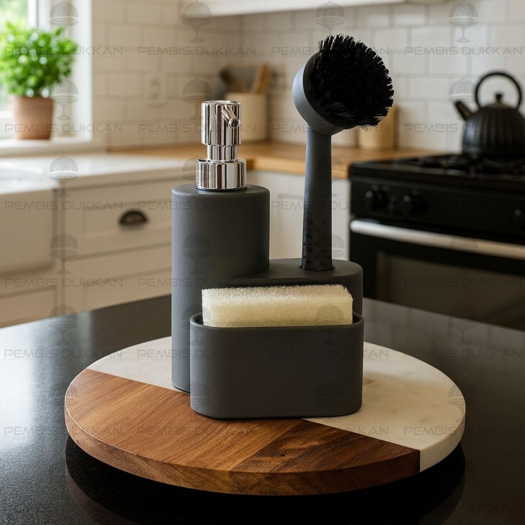 SİYAH PORTE SÜNGERLİK HAZNELİ, FIRÇALI YUVARLAK AKRİLİK SABUNLUK 4064