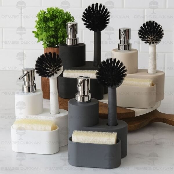 GRİ PORTE SÜNGERLİK HAZNELİ, FIRÇALI YUVARLAK AKRİLİK SABUNLUK 4064