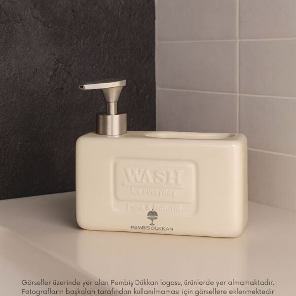KREM BOHEM SÜNGERLİK HAZNELİ SERAMİK SIVI SABUNLUK 6F05