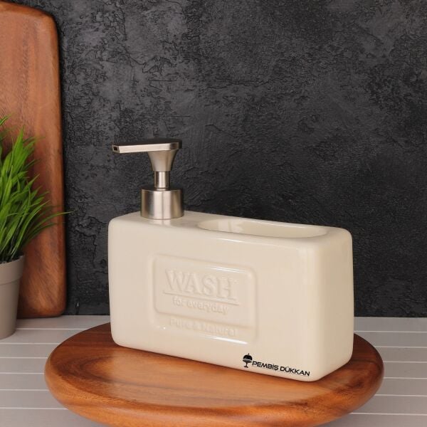 KREM BOHEM SÜNGERLİK HAZNELİ SERAMİK SIVI SABUNLUK 6F05