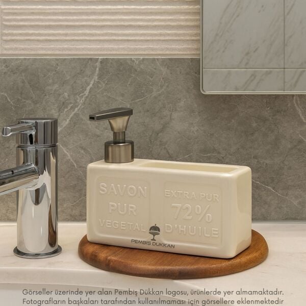 KREM BOHEM SÜNGERLİK HAZNELİ SERAMİK SIVI SABUNLUK 6F06