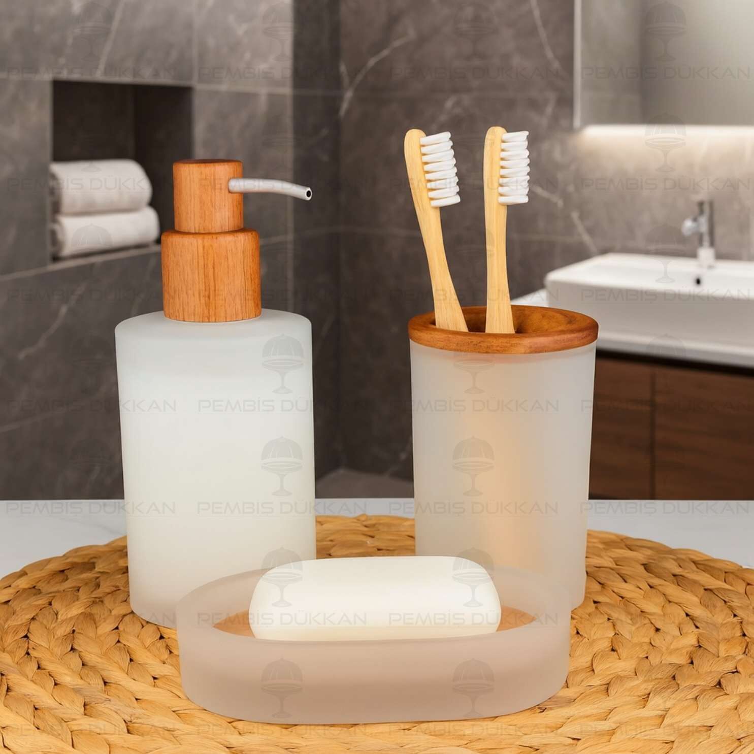 3 PARÇA BUZLU CAM BOHEM SABUNLUK SET(56797)