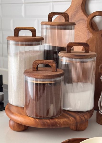 AKASYA YUVARLAK ÇİZGİLİ LİNES KAVANOZ & AKASYA TOP AYAKLI KOMBİN SET