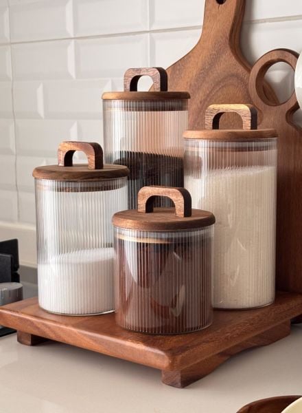 AKASYA YUVARLAK ÇİZGİLİ LİNES KAVANOZ & AKASYA KARE AYAKLI KOMBİN SET