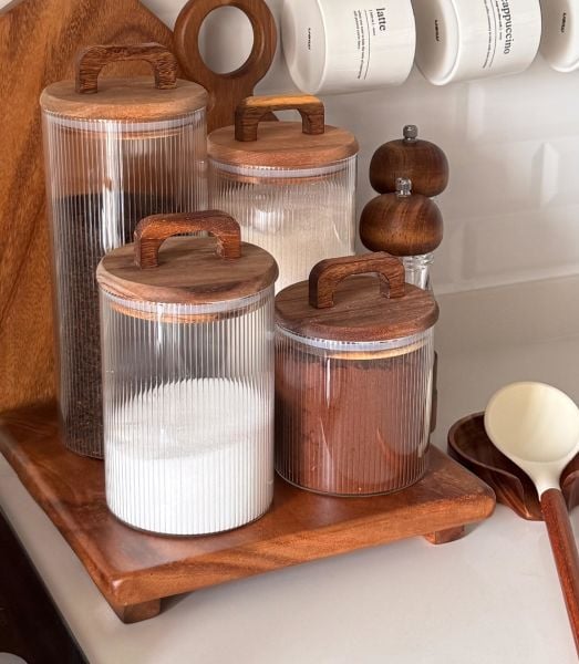 AKASYA YUVARLAK ÇİZGİLİ LİNES KAVANOZ & AKASYA KARE AYAKLI KOMBİN SET