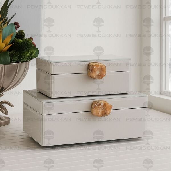 DOĞAL TAŞ KULPLU 2'Lİ MÜCEVHER KUTUSU BEYAZ (3774)