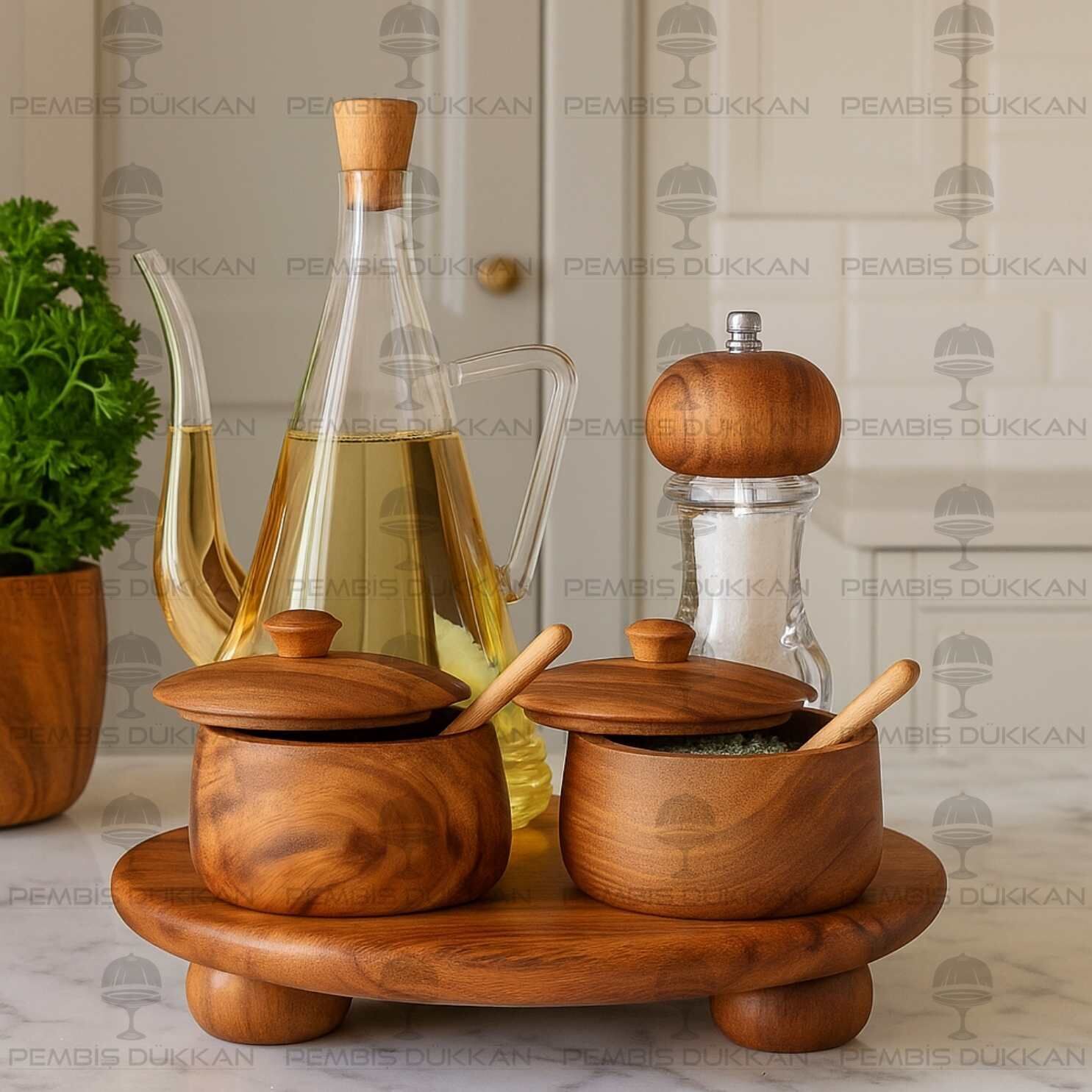 ÇİZGİLİ İBRİK MODEL YAĞDANLIK & AKASYA KAŞIKLI BAHARATLIK KOMBİN SET NO 1