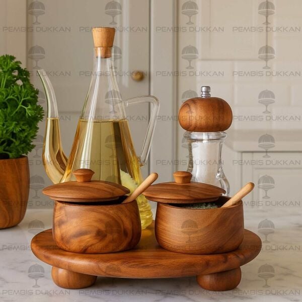 ÇİZGİLİ İBRİK MODEL YAĞDANLIK & AKASYA KAŞIKLI BAHARATLIK KOMBİN SET NO 1