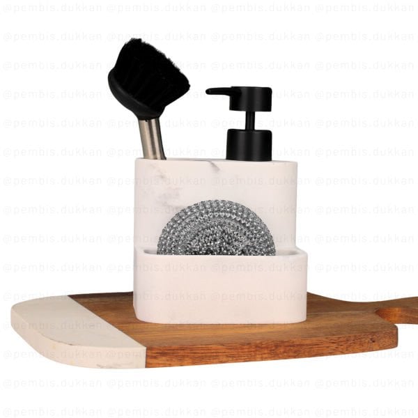 BEYAZ PİTA POLYRESİN SÜNGERLİK HAZNELİ, FIRÇALI SABUNLUK (56814)