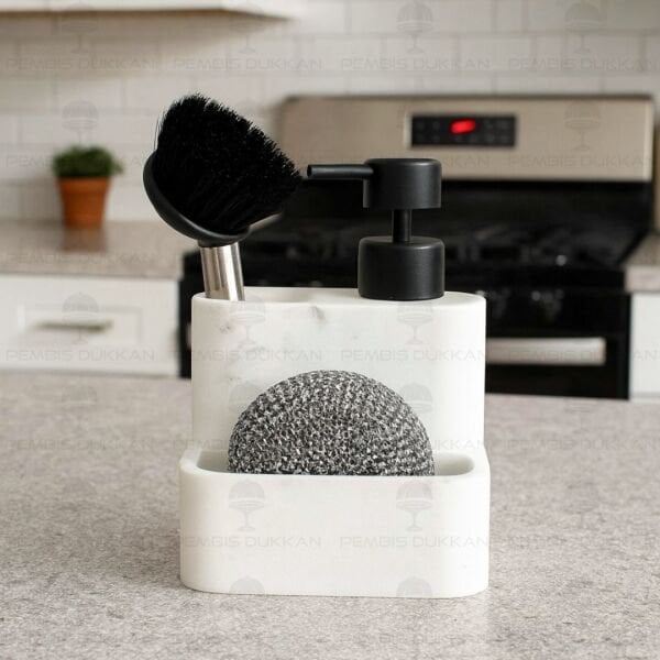 BEYAZ PİTA POLYRESİN SÜNGERLİK HAZNELİ, FIRÇALI SABUNLUK (56814)