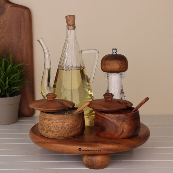 ÇİZGİLİ İBRİK MODEL YAĞDANLIK & AKASYA KAŞIKLI BAHARATLIK KOMBİN SET NO 1