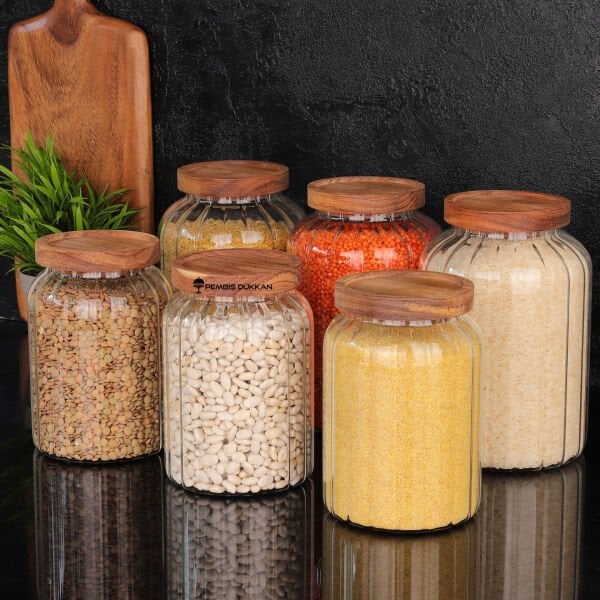 MN MENNY AKASYA KAPAKLI ÇİZGİLİ KAVANOZ 6'LI KOMBİN SET NO 2