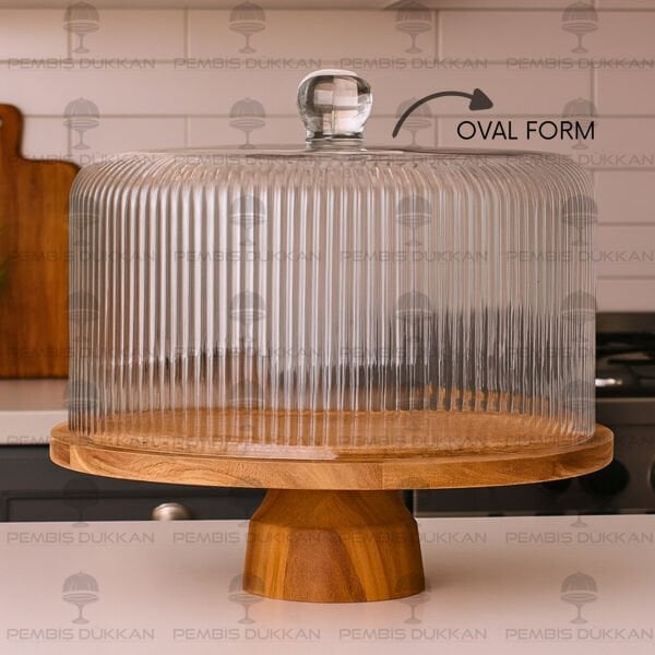 AKASYA & CAM OVAL ÇİZGİLİ MODEL AYAKLI PASTA STANDI & KEK FANUSU (240044)