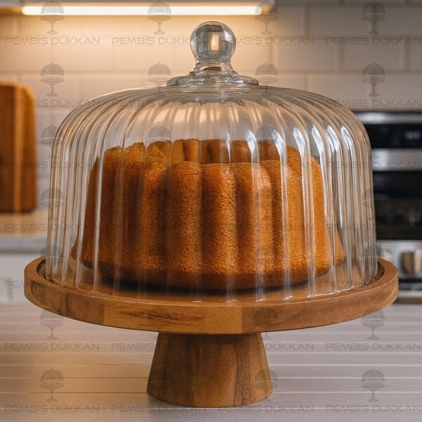 AKASYA & CAM YUVARLAK ÇİZGİLİ MODEL AYAKLI PASTA STANDI & KEK FANUSU (230119)