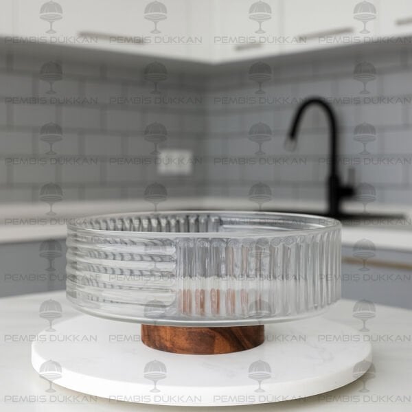 AKASYA & CAM YATAY ÇİZGİLİ STANDLI KASE (240025)