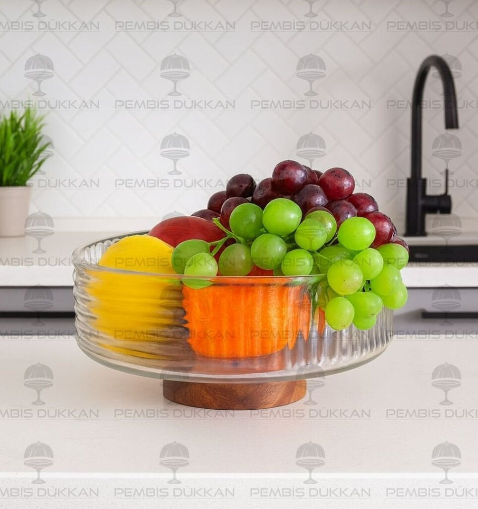 AKASYA & CAM YATAY ÇİZGİLİ STANDLI KASE (240025)