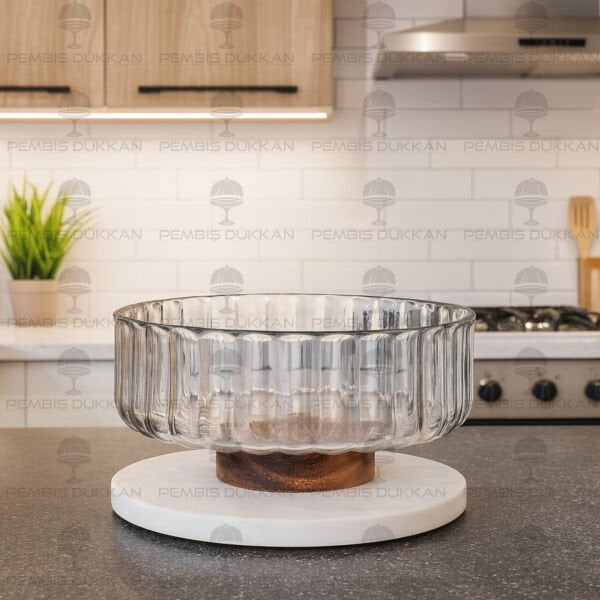 AKASYA & CAM DİKEY ÇİZGİLİ STANDLI KASE (240028)