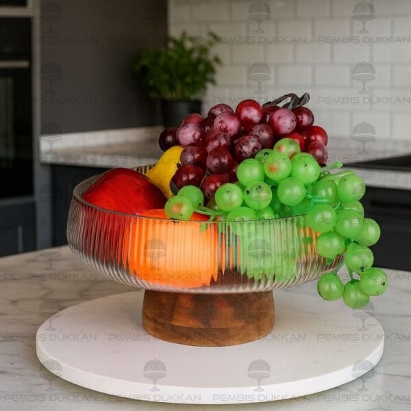 AKASYA & CAM BOMBELİ ÇİZGİLİ STANDLI KASE (230036)