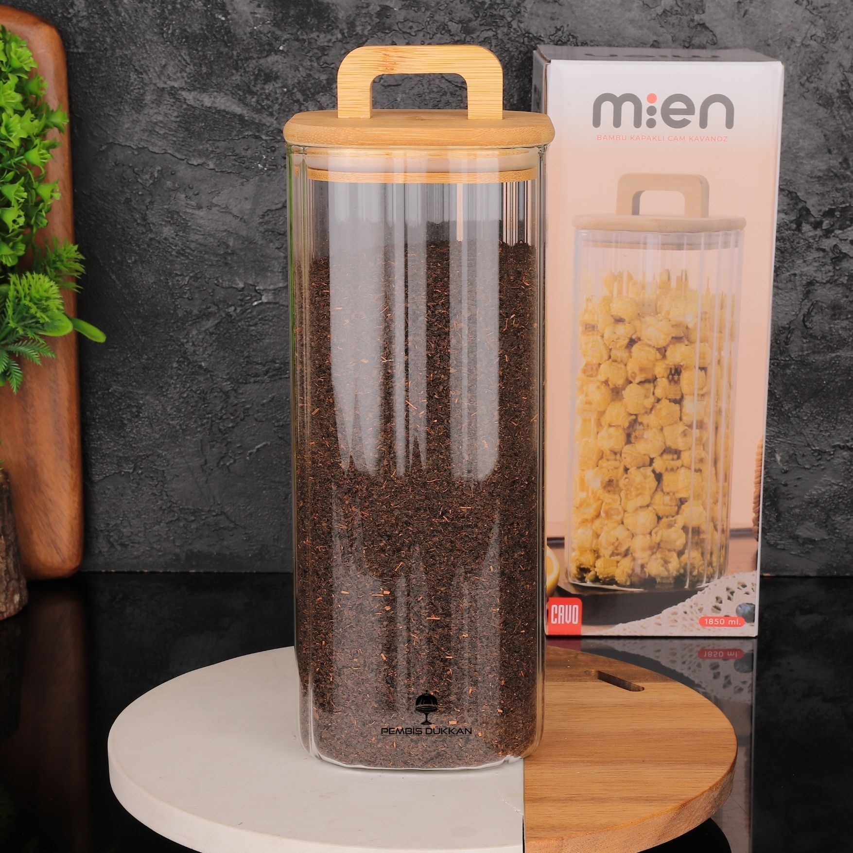 1 ADET BAMBU KAPAKLI KARE 1850 ML ÇİZGİLİ KAVANOZ (096)