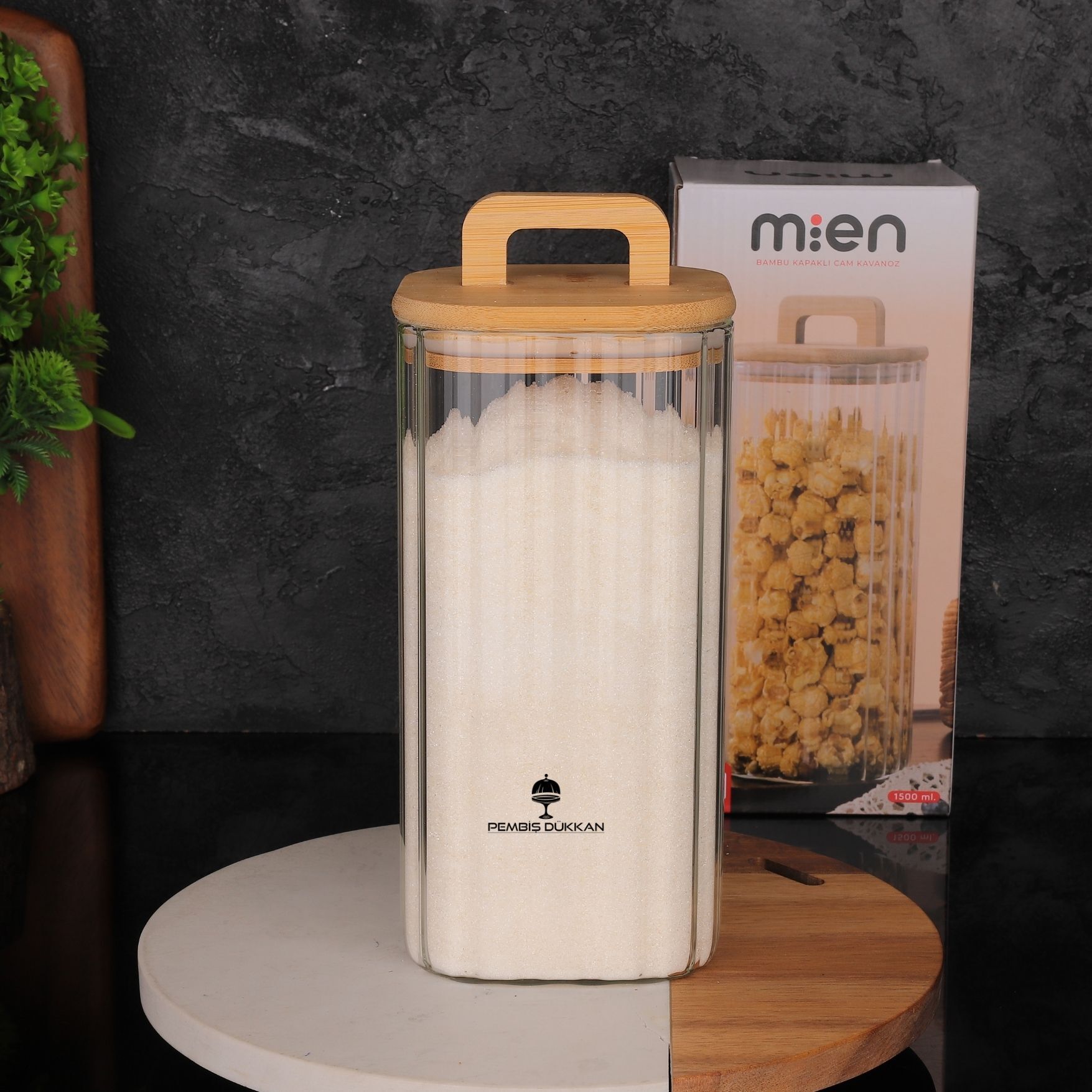 1 ADET BAMBU KAPAKLI KARE 1500 ML ÇİZGİLİ KAVANOZ (095)