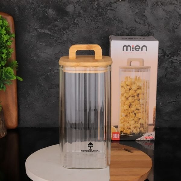 1 ADET BAMBU KAPAKLI KARE 1500 ML ÇİZGİLİ KAVANOZ (095)