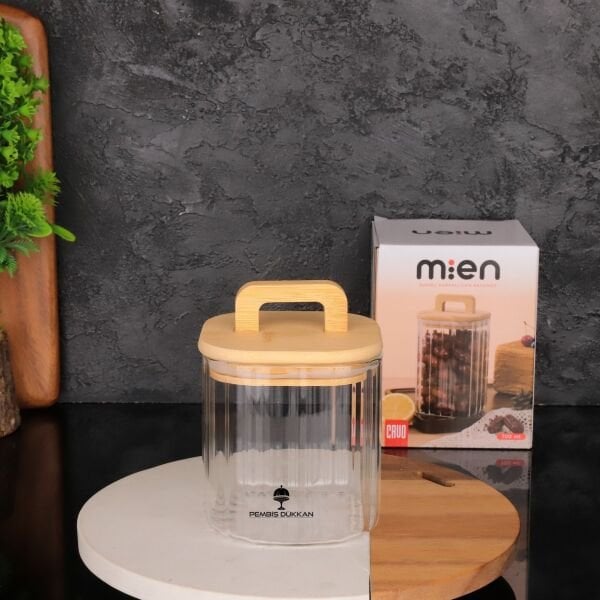 1 ADET BAMBU KAPAKLI KARE 700 ML ÇİZGİLİ KAVANOZ (093)