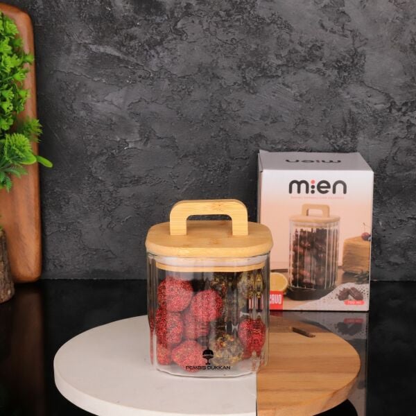 1 ADET BAMBU KAPAKLI KARE 700 ML ÇİZGİLİ KAVANOZ (093)