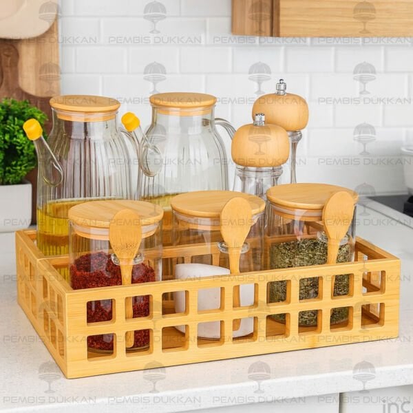 BAMBU DİKDÖRTGEN KASA BAHARATLIK & YAĞDANLIK KOMBİN SET NO 11