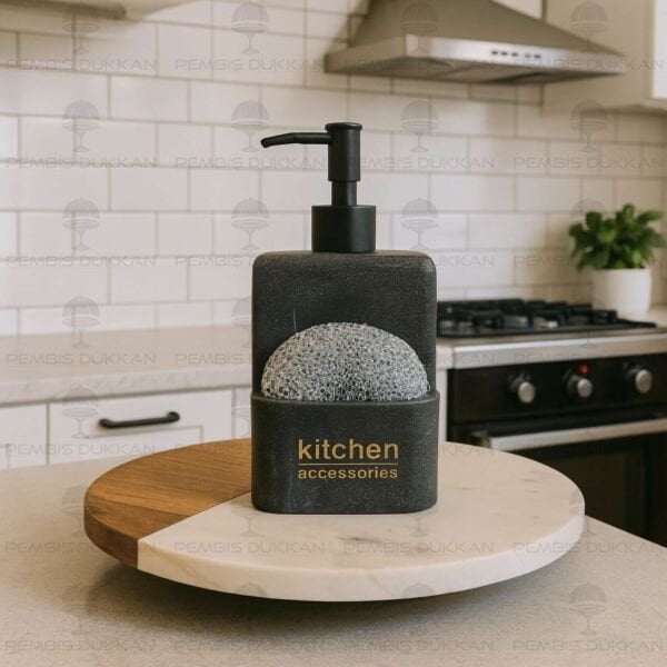 SİYAH MERMER DESENLİ POLYRESİN, SÜNGERLİK HAZNELİ SABUNLUK (56815) SİYAH BAŞLIKLI