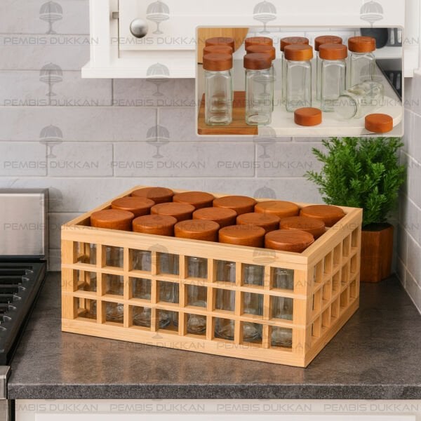 15'Lİ AKASYA KAPAKLI KAFES KASA BAHARATLIK KOMBİN SET