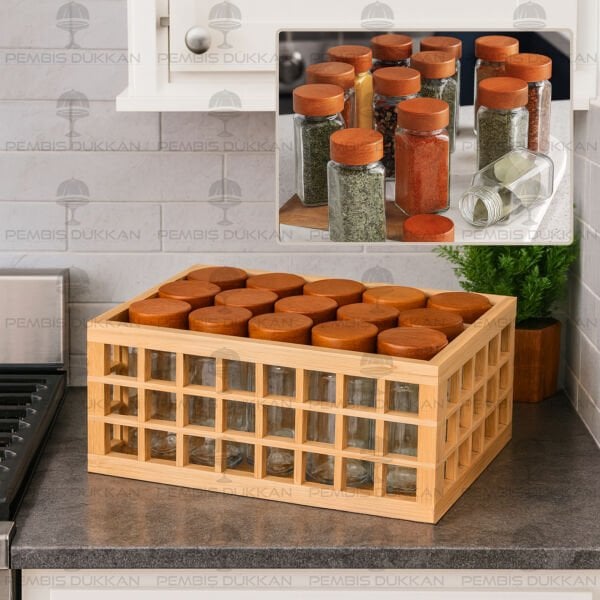 15'Lİ AKASYA KAPAKLI KAFES KASA BAHARATLIK KOMBİN SET