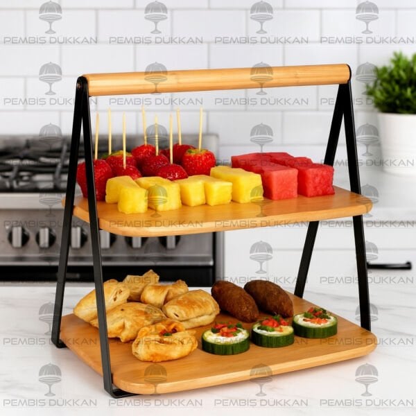 2 KATLI SİYAH STANDLI BAMBU SUNUMLUK RAF 723