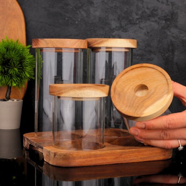 4LÜ SOLEDO AKASYA KAPAKLI STANDLI KAVANOZ SET (1325)