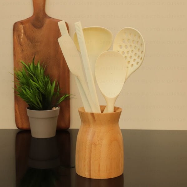 BAMBU STANDLI BEYAZ SİLİKON KAŞIK SET NO 5
