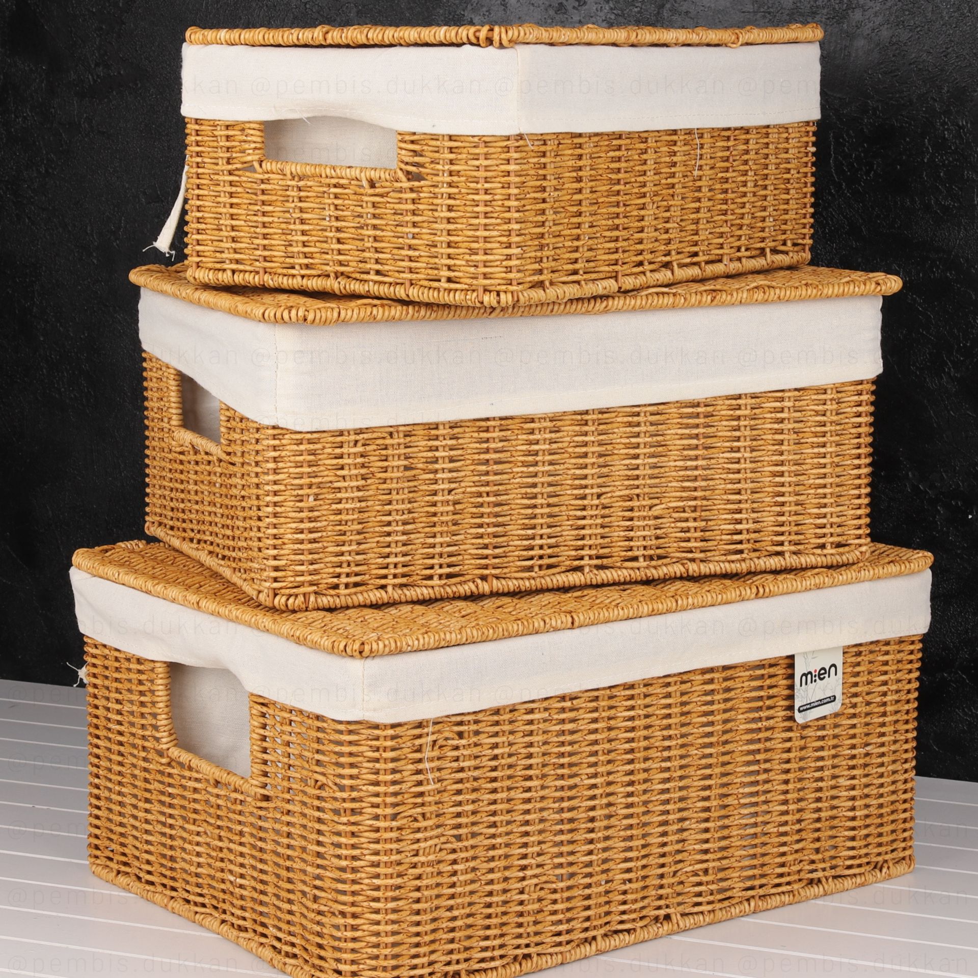 3LÜ RATTAN DİKDÖRTGEN BEZLİ KAPAKLI SEPET