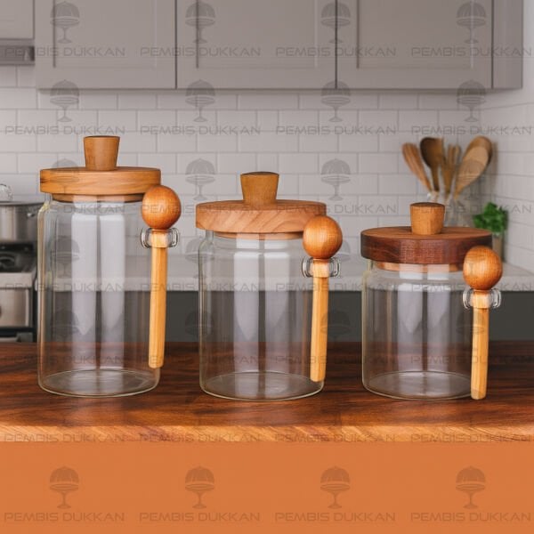 3LÜ THN AKASYA KAPAKLI KAŞIKLI KAVANOZ SET