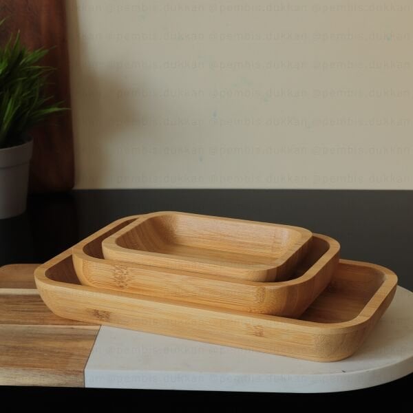 1 ADET BAMBU DİKDÖRTGEN DERİN ÇEREZLİK & KAHVALTILIK KAYIK, KASE (1433)