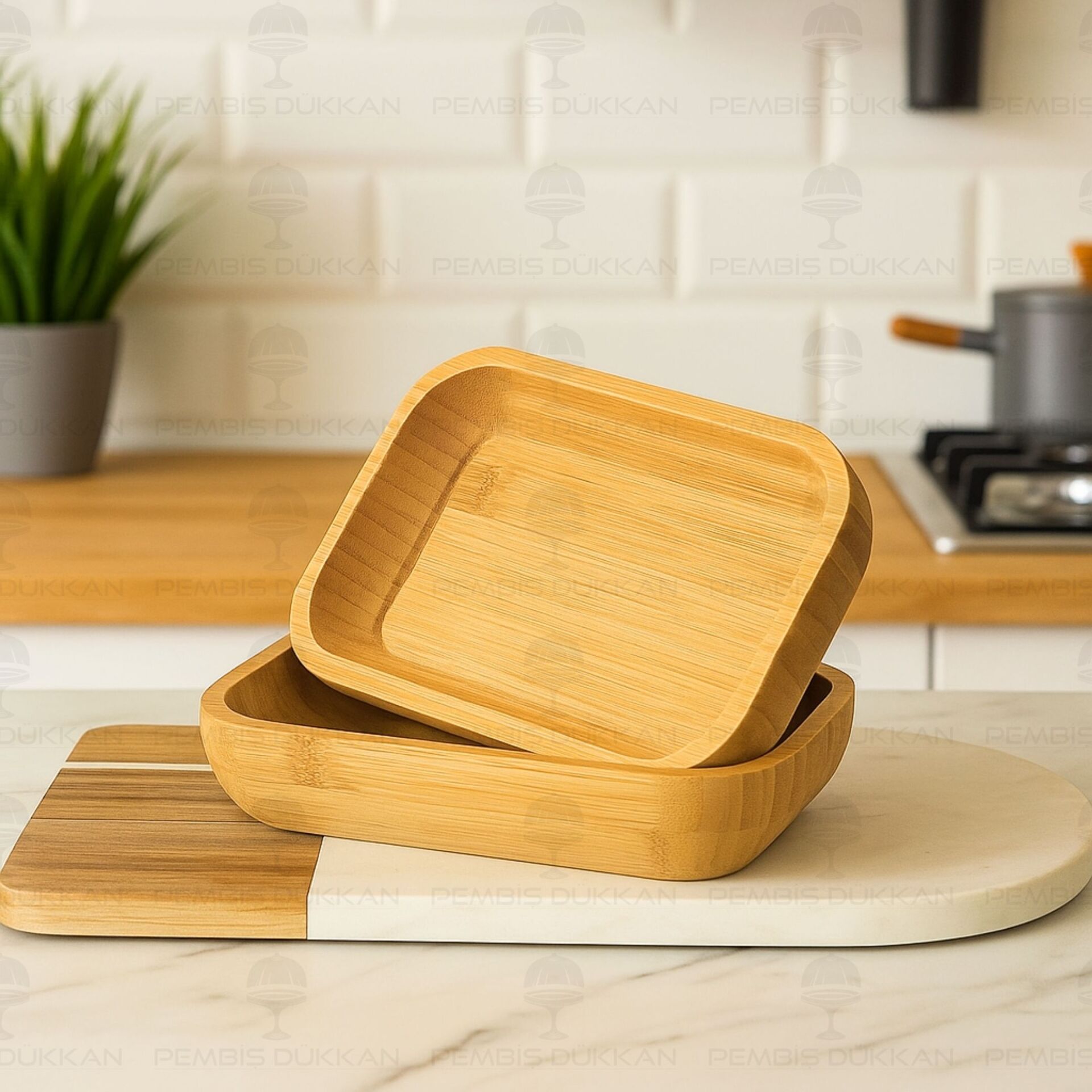 1 ADET BAMBU DİKDÖRTGEN DERİN ÇEREZLİK & KAHVALTILIK KAYIK, KASE (1433)