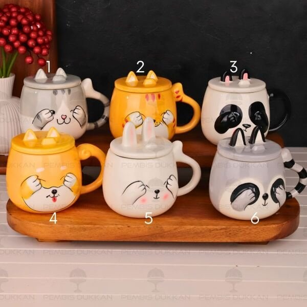 1 ADET UTANGAÇ HAYVAN FİGÜRLÜ KAPAKLI SERAMİK KUPA (MODEL SEÇİN)