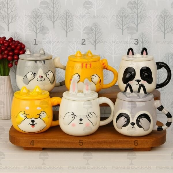 1 ADET UTANGAÇ HAYVAN FİGÜRLÜ KAPAKLI SERAMİK KUPA (MODEL SEÇİN)