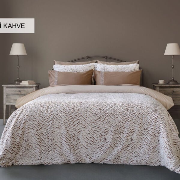 Wild Home Çift Kişilik Kürklü Yatak Örtüsü Takımı - Vivaldi Kahve
