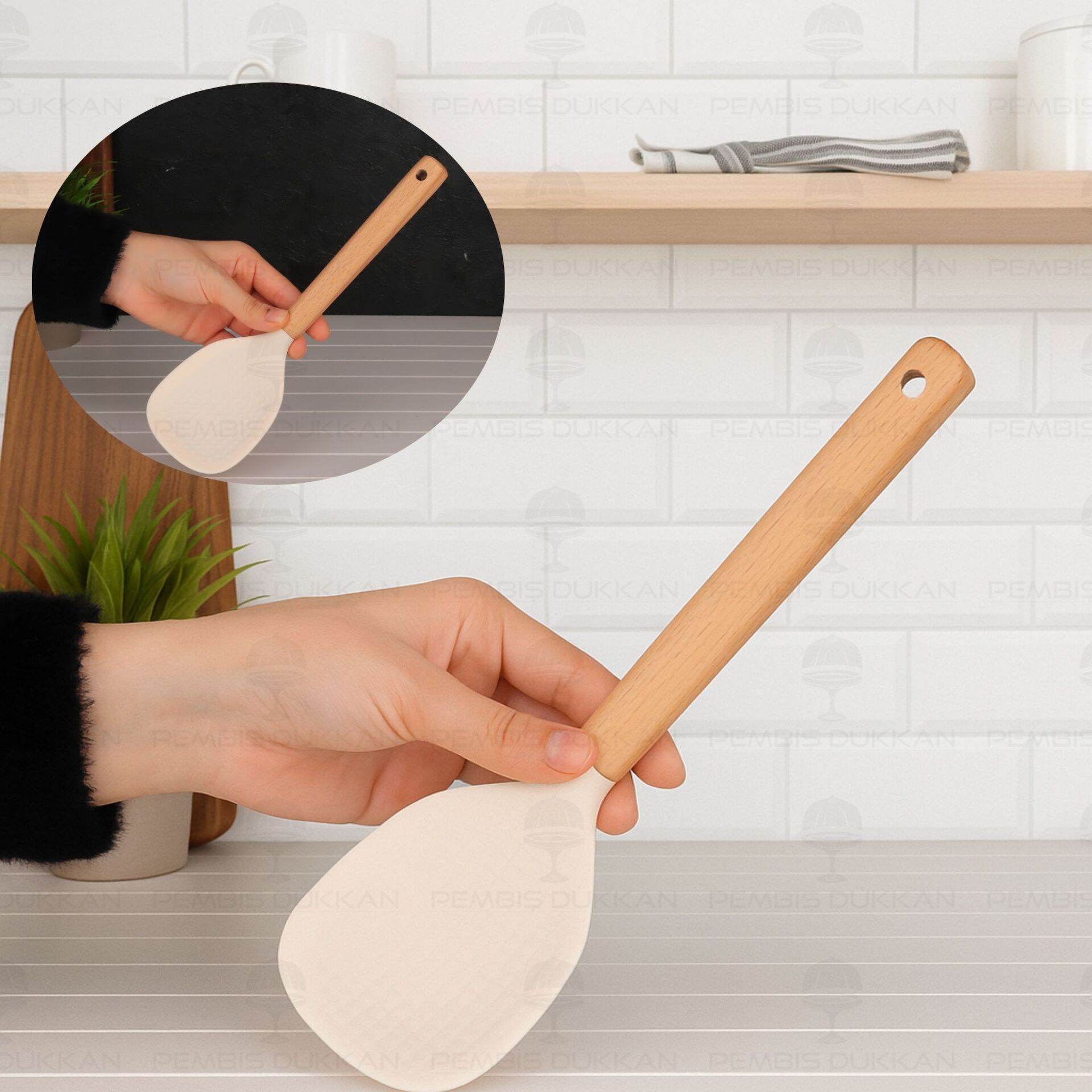 KREM BAMBU SAPLI BOHO SİLİKON SPATULA & KAŞIK (1440)