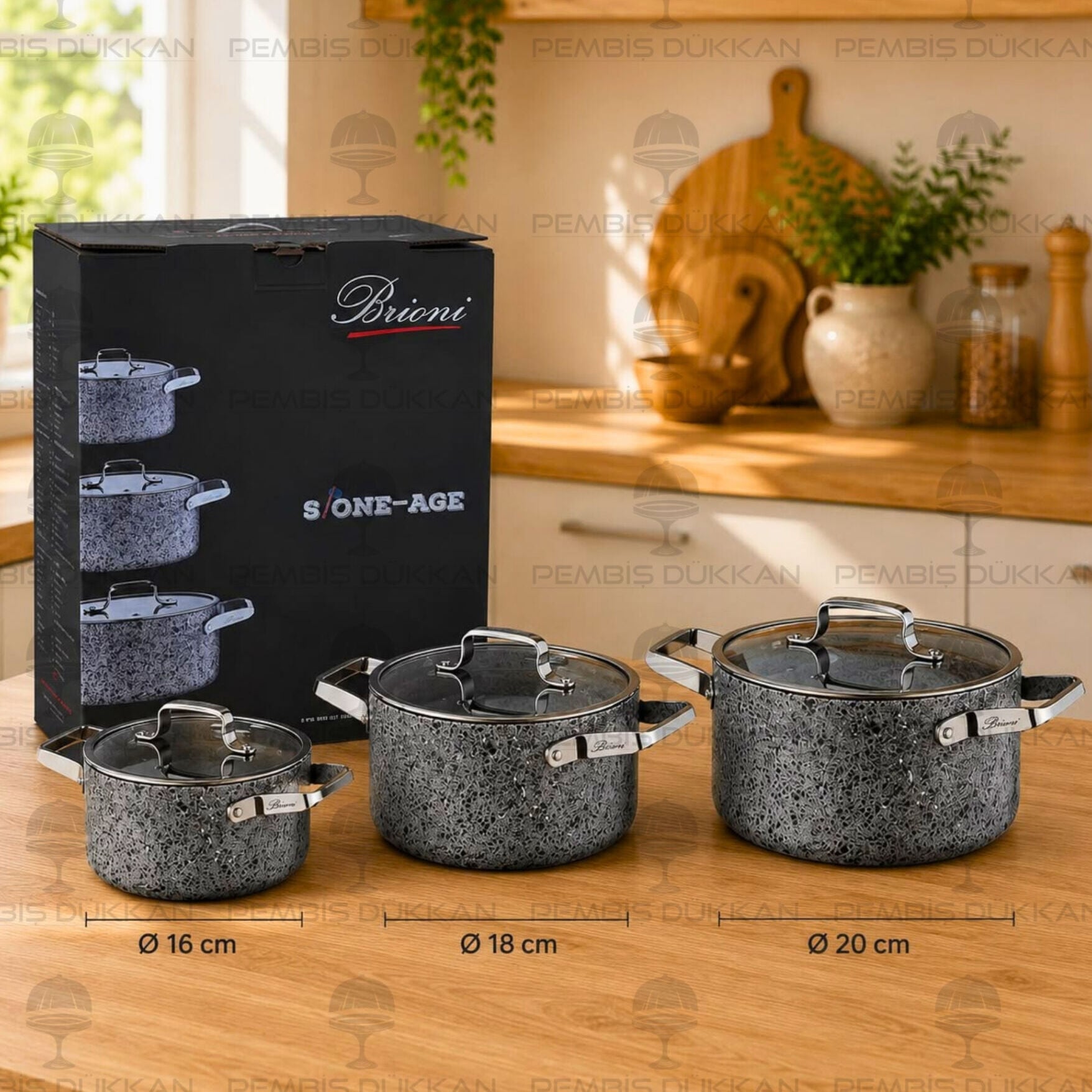 Brioni Stone-Age Gri 3lü Midi Tencere Seti (16-18-20 cm)