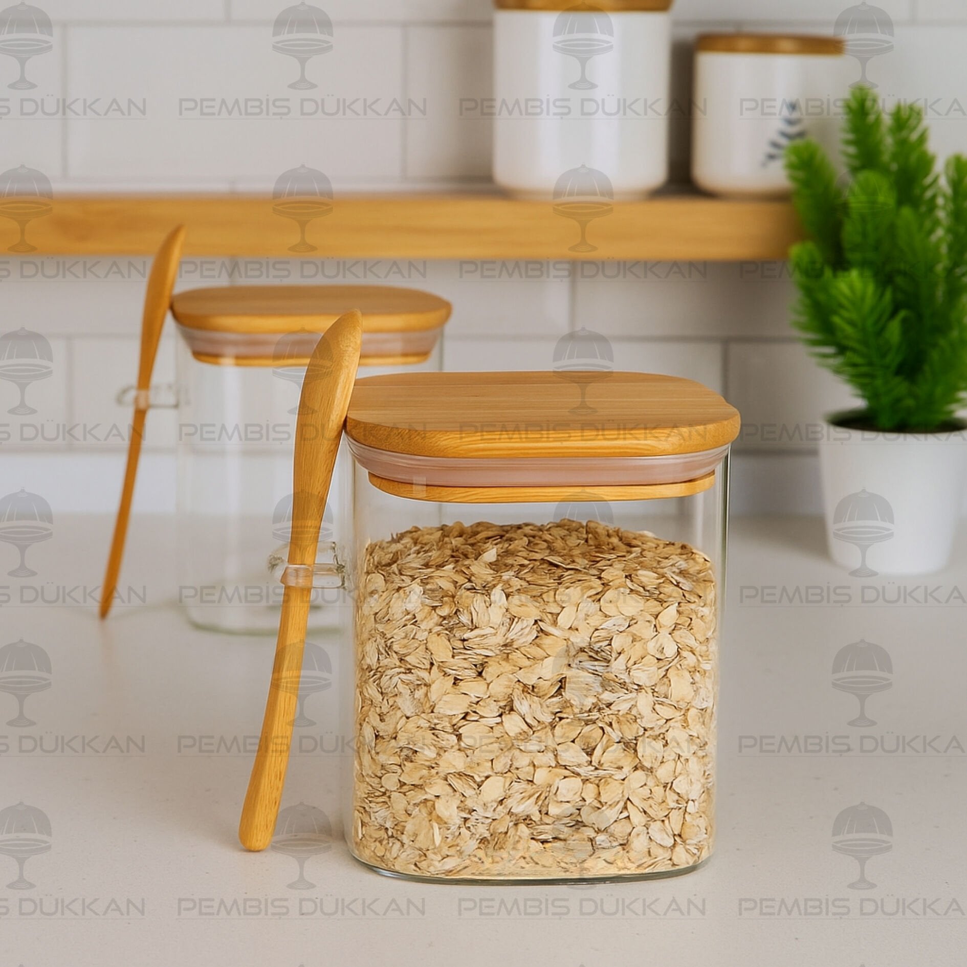 1 Adet 750ml Kare Kaşıklı Kavanoz & Tuz Kabı (E1010)