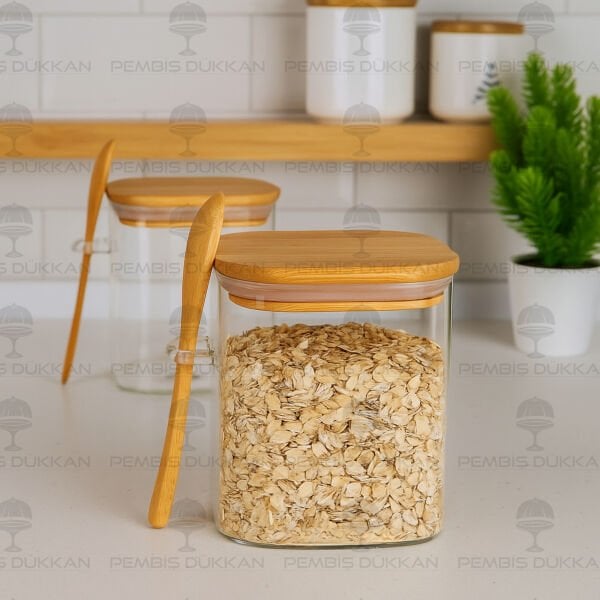 1 Adet 750ml Kare Kaşıklı Kavanoz & Tuz Kabı (E1010)