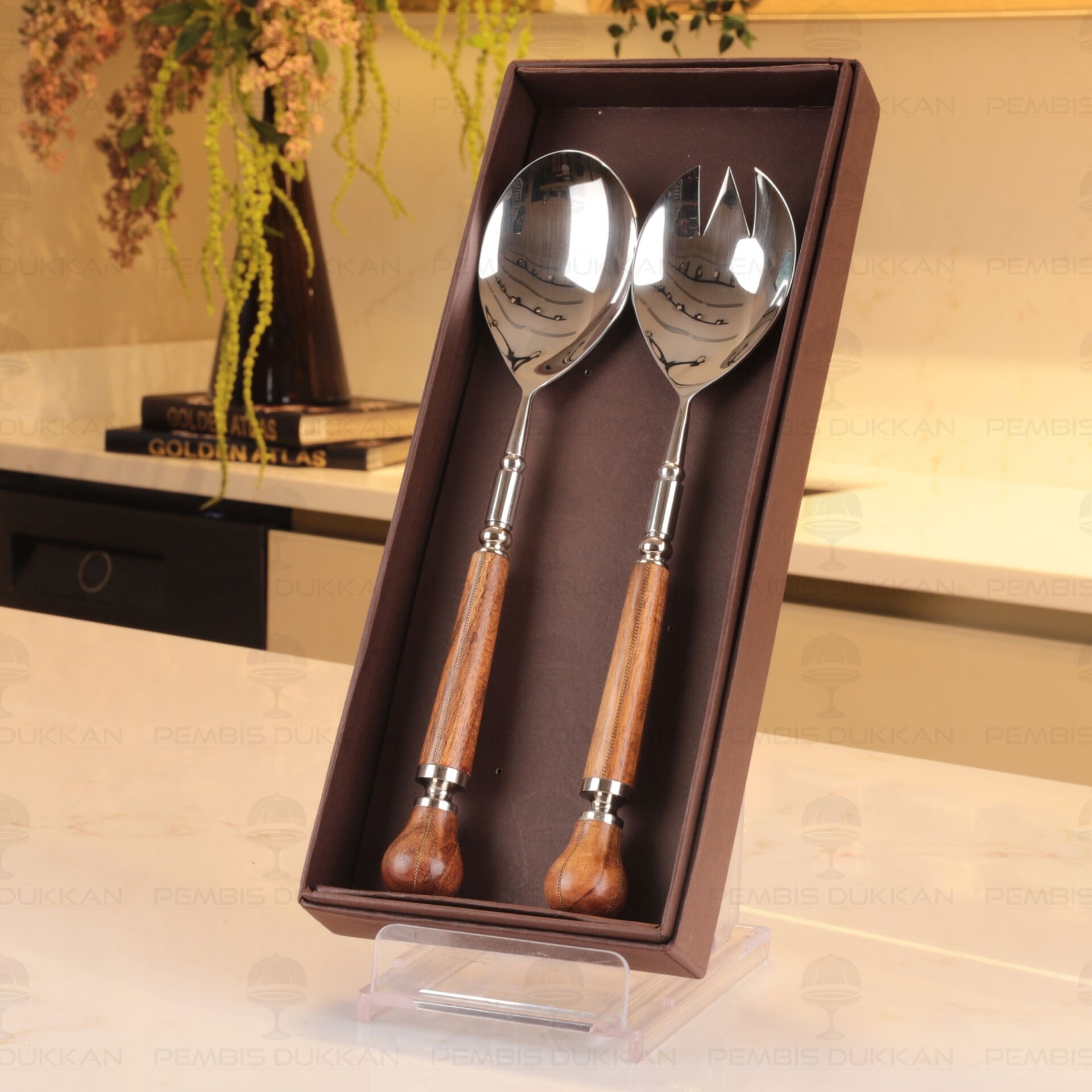 2 Parça Gümüş Ahşap Salata Servis Seti